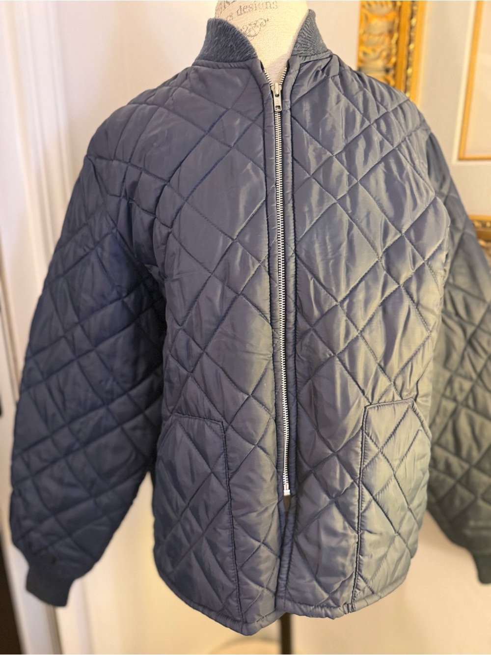 Vintage 70s Diamond Quilted Bomber Jacket Navy Blue Insulated Workwear
